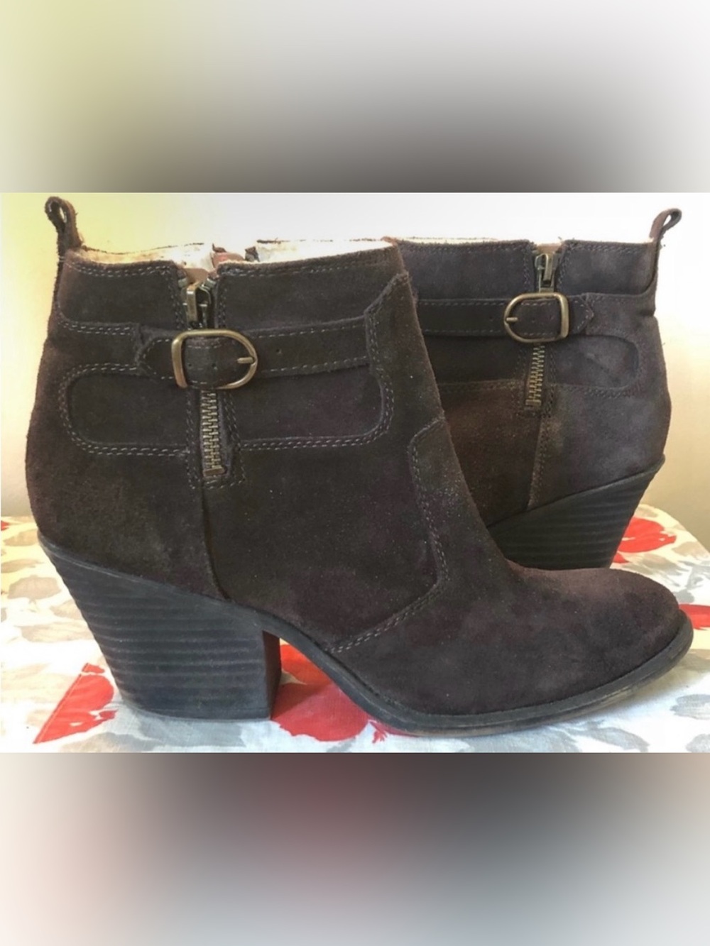 Lucky Brand 10 Women's Ankle Bootie Heeled Brown Suede Western Boho Classic Fall